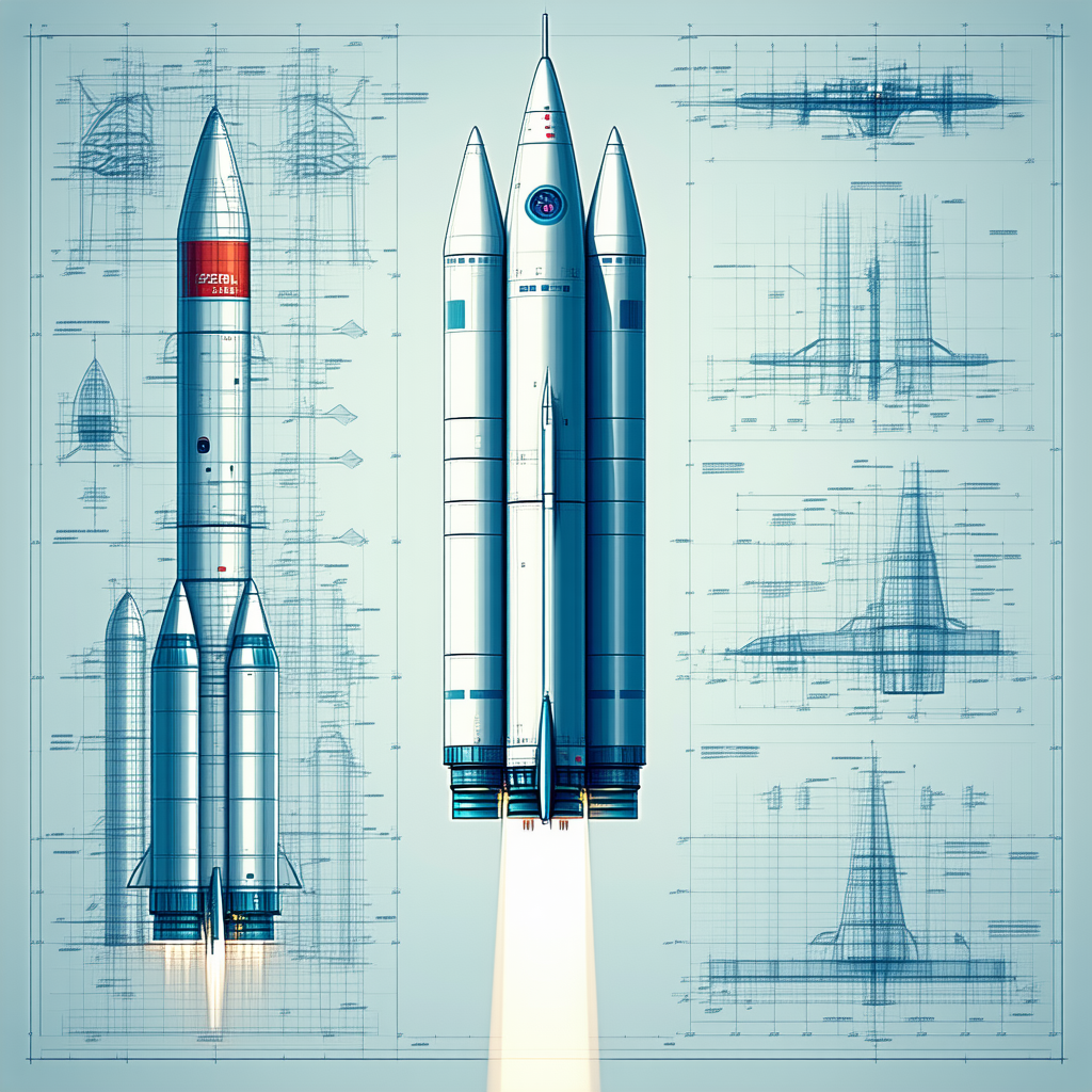 A Rocket Ship Is Shown In A Blue And White Drawing