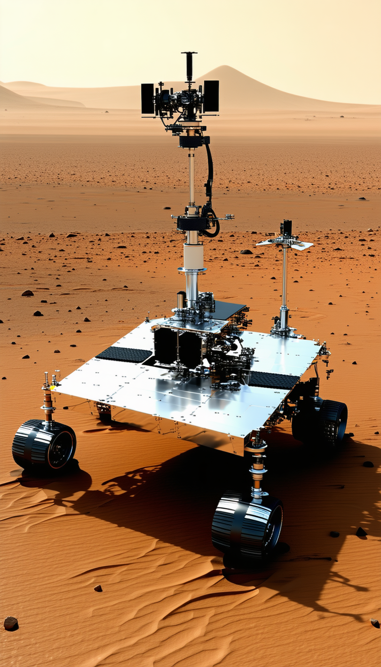A Large, Silver Robotic Vehicle With A Camera Mounted On Top Of It