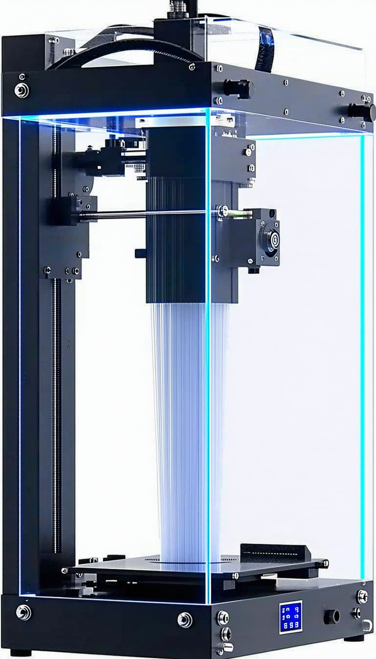 A Large Machine With A Blue Light, Which Appears To Be A Laser Or A Light Source