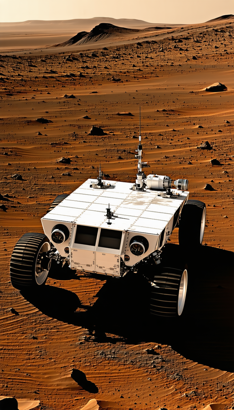 A White Robotic Vehicle, Possibly A Rover, Driving Across A Dirt Field