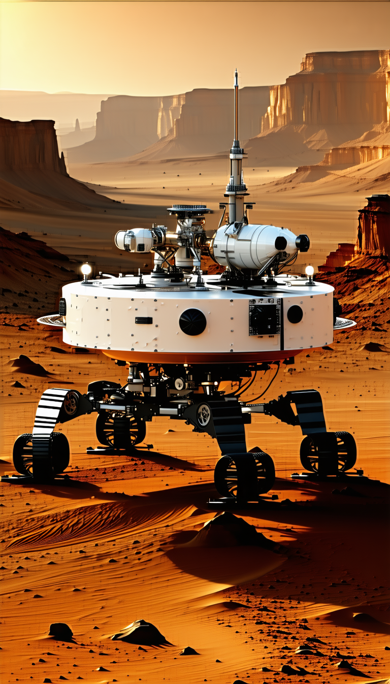 A Large, White, And Red Rover On A Red Dirt Surface