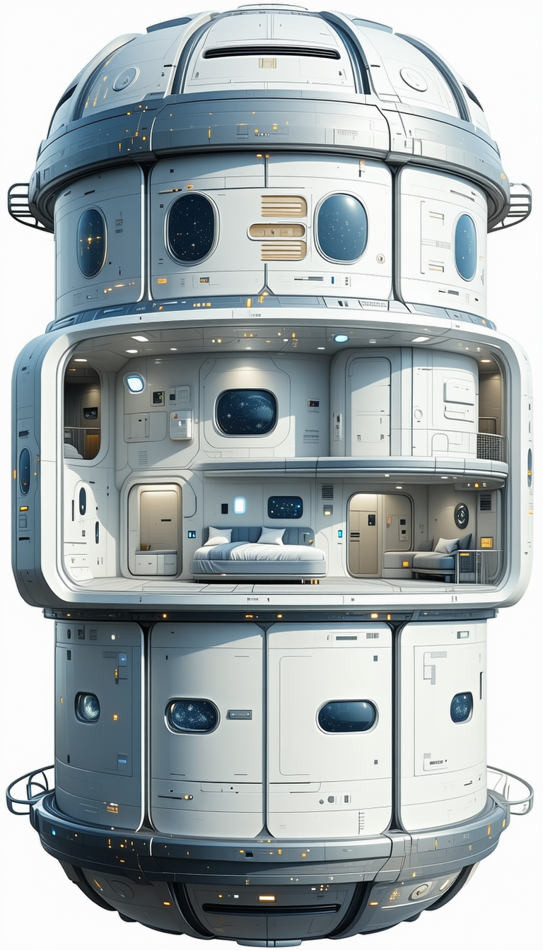 In This Image, There Is A Large, Futuristic Space Station With A Variety Of Rooms And Spaces