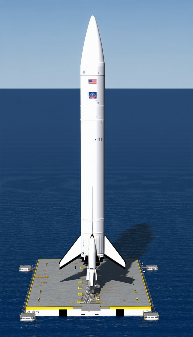 A White Rocket Ship Is Floating On The Water, With A Blue Sky In The Background
