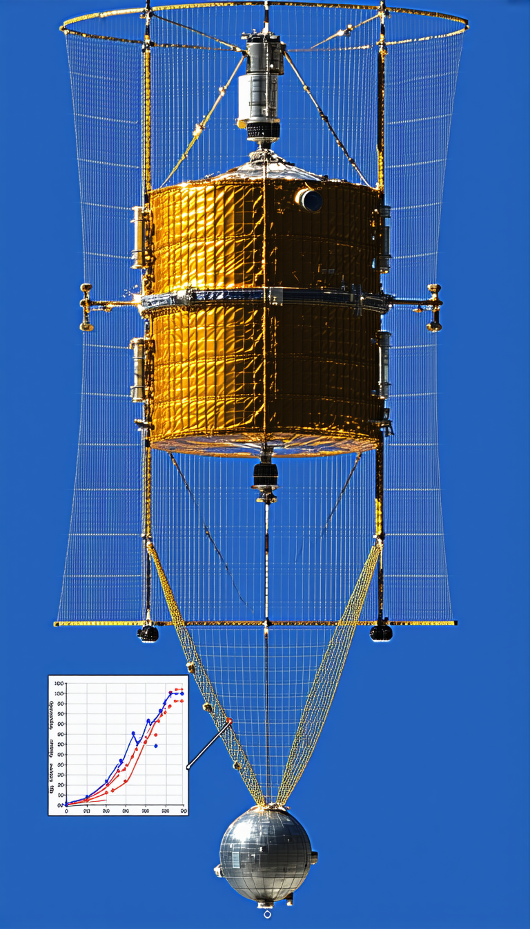 A Large Satellite Is Shown In A Blue Sky, With A Clear View Of Its Structure