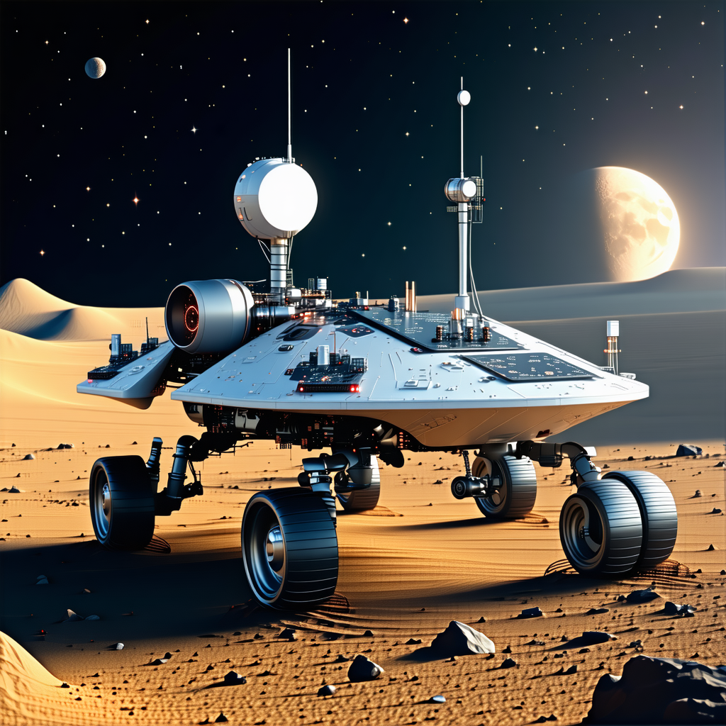 A Futuristic Vehicle, Possibly A Spacecraft Or A Rover, Parked On A Rocky Surface