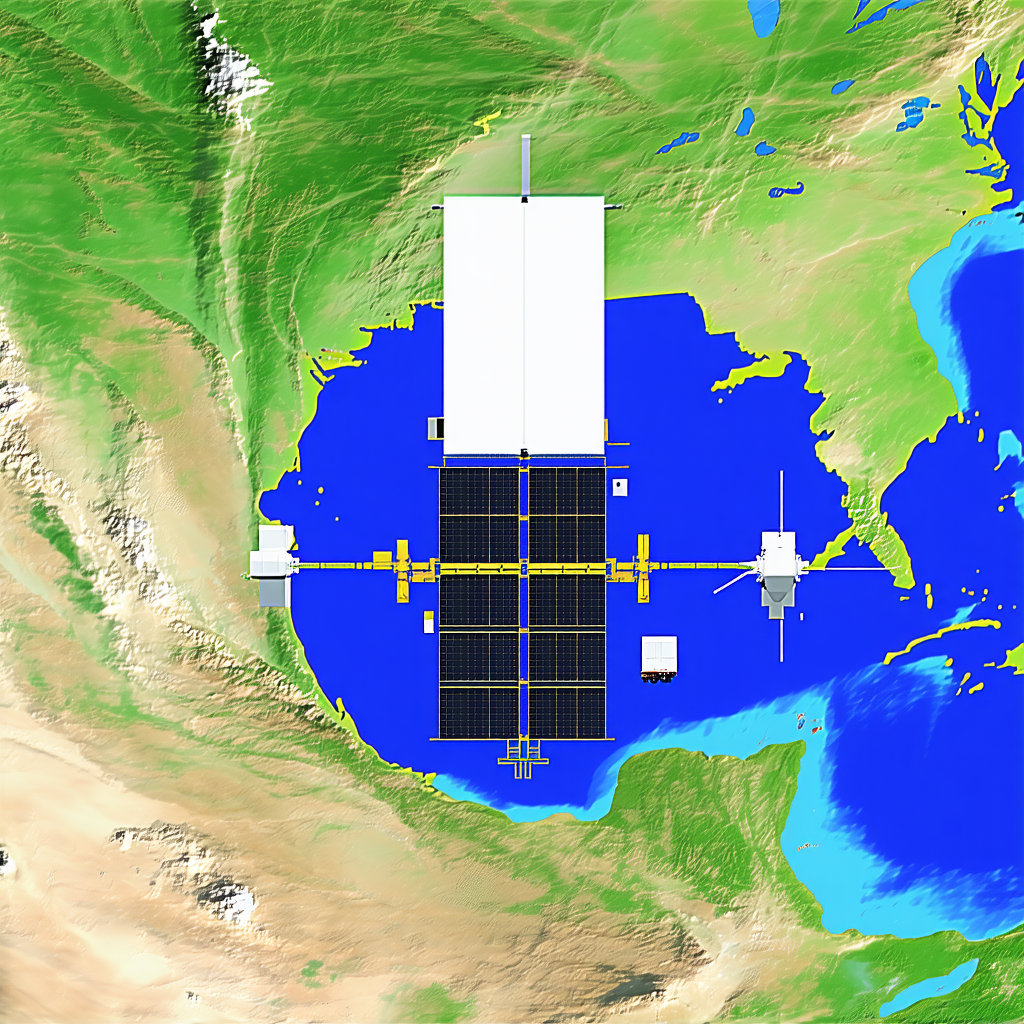 The Image Is A Satellite View Of The Earth, Showing A Large White Satellite Floating In The Sky