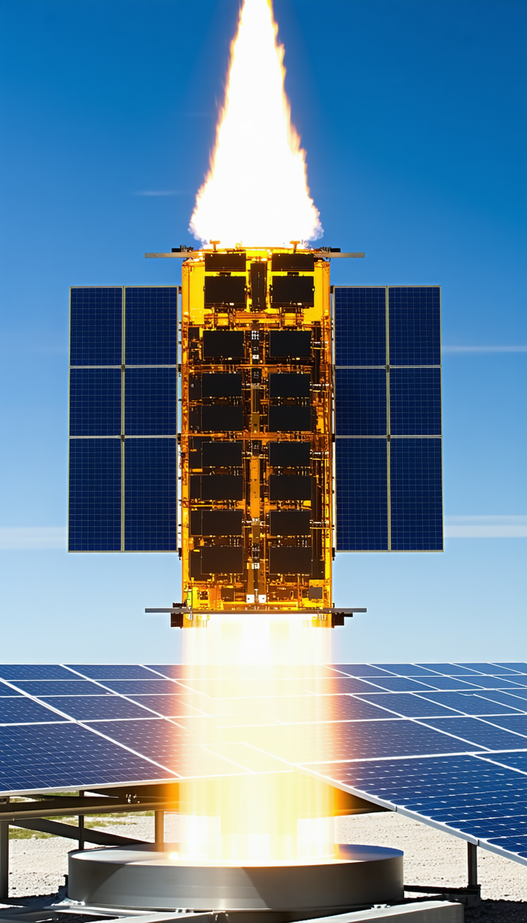 A Space Shuttle With A Solar Panel On Its Side, Flying Through The Sky