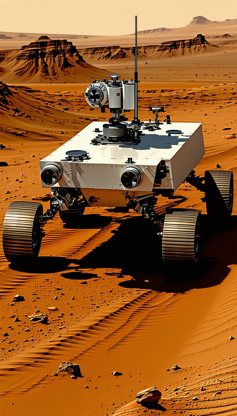 A White Robotic Vehicle With Large Wheels, Driving Across A Red Dirt Surface