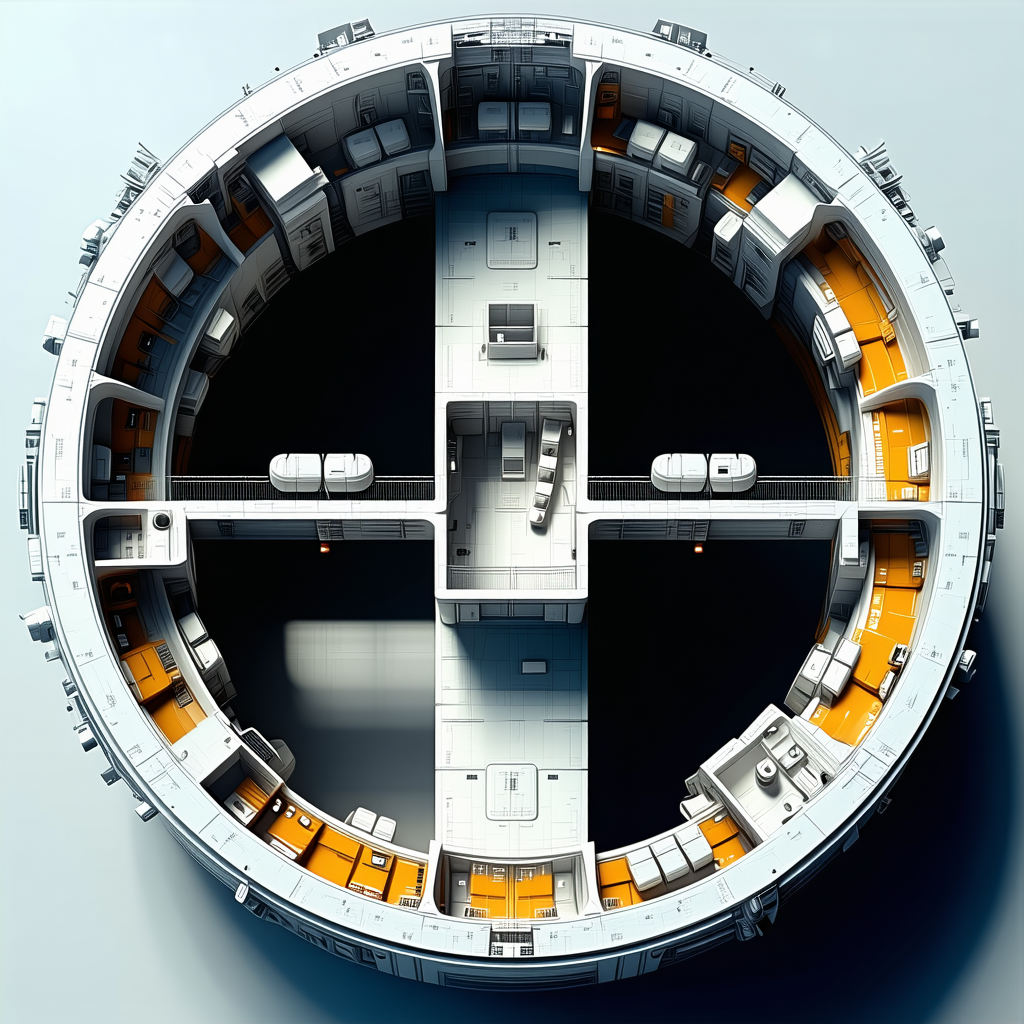 The Image Is A 3d Model Of A Space Station, Featuring A Large Central Room With A Circular Shape