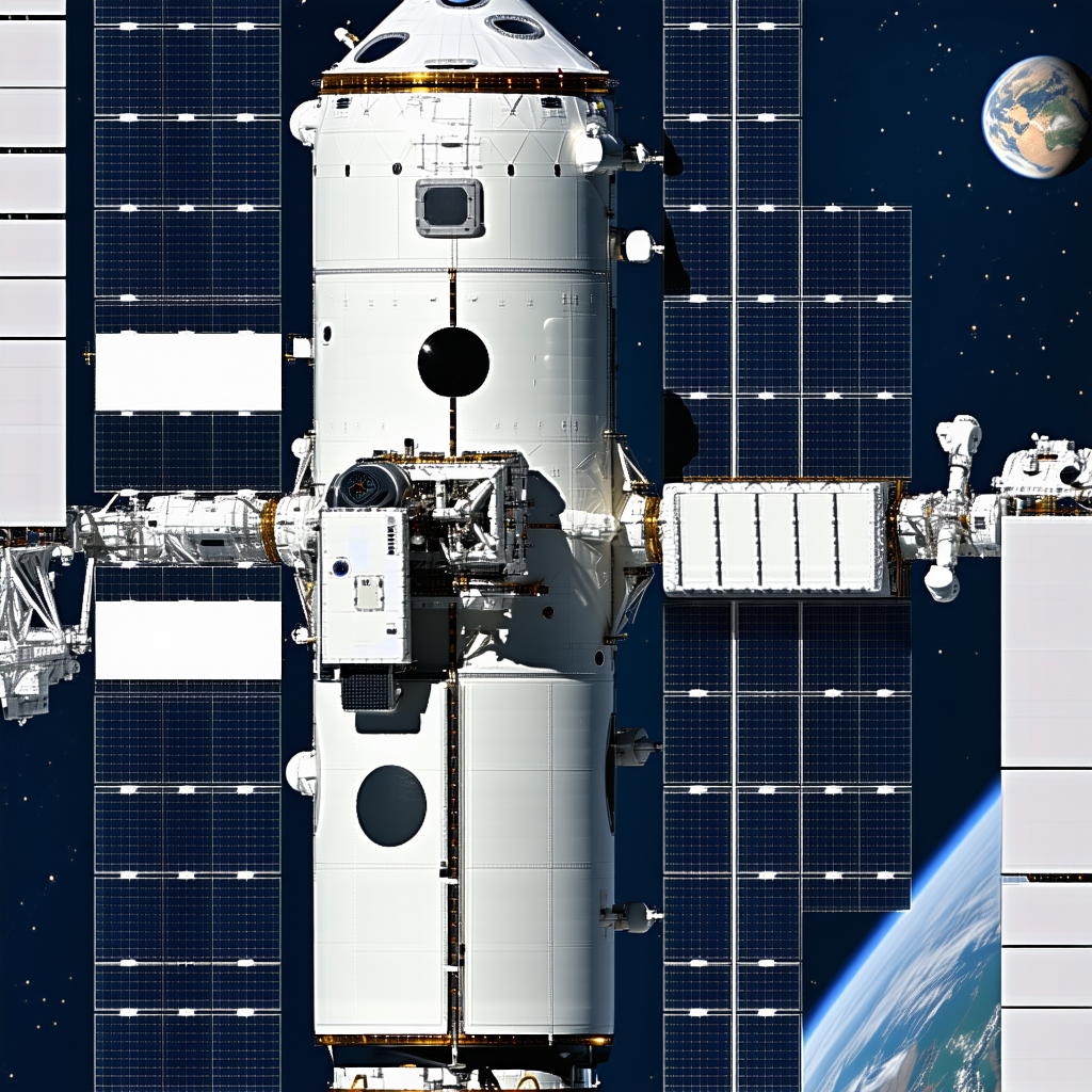 A Large Spacecraft Is Docked At A Space Station, With A Small Planet Visible In The Background