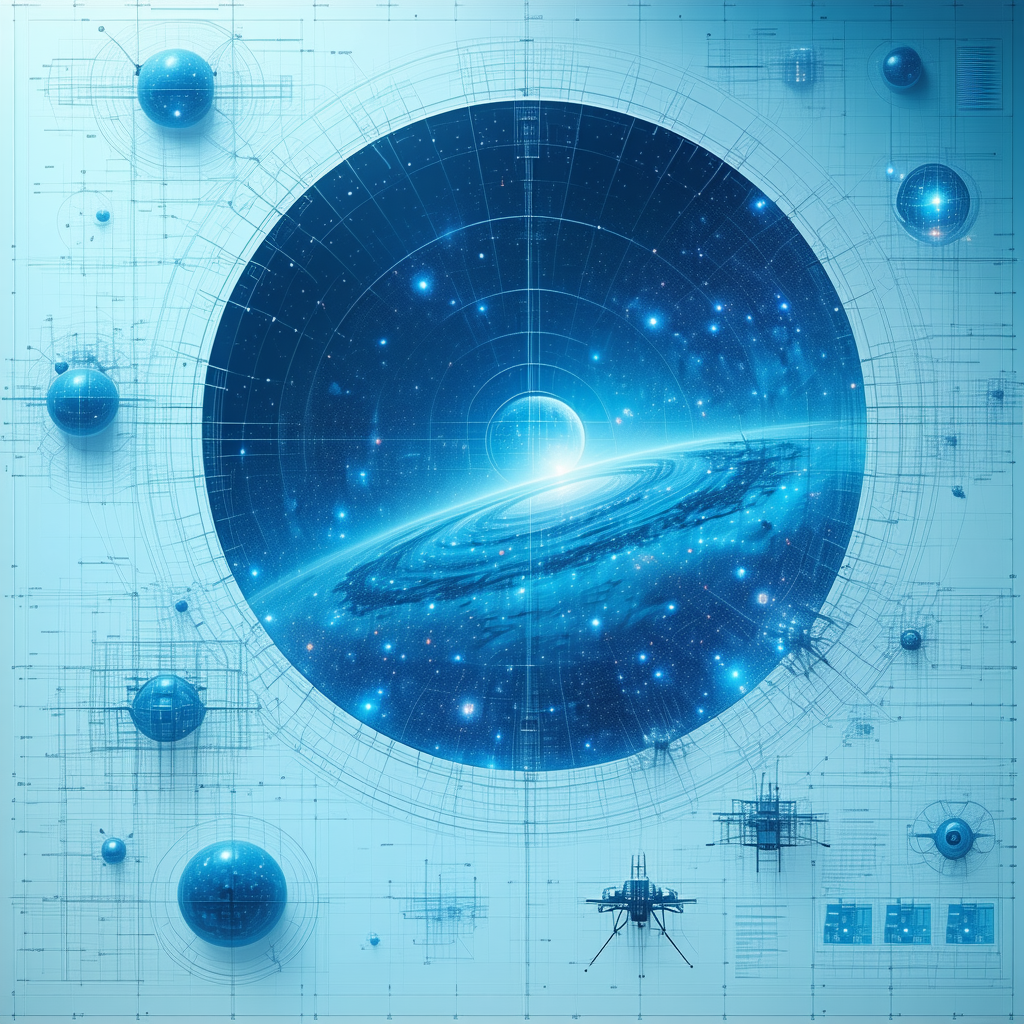 blue white illustration space station