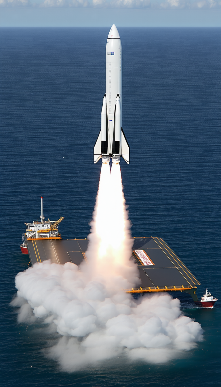 A Space Shuttle Launching From A Runway, With A Large Rocket Booster Trailing Behind It