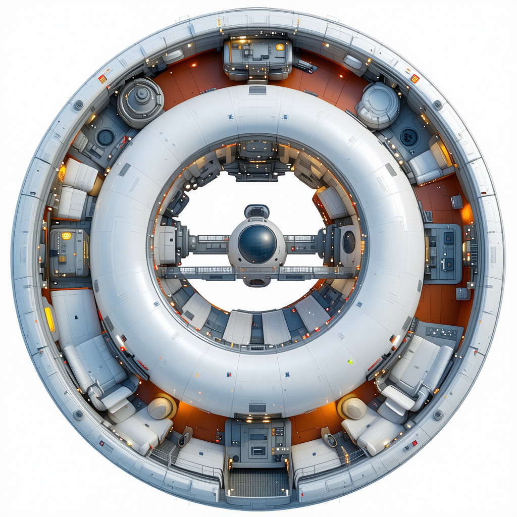 In The Image, There Is A Large, Round, White Spacecraft With A Central Hub