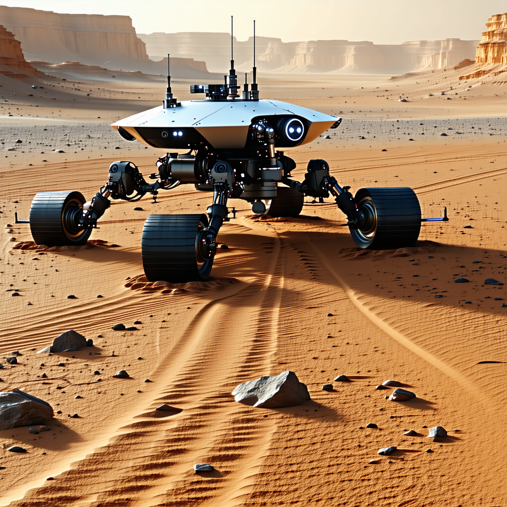 A White Robotic Vehicle Is Driving Across A Desert Landscape