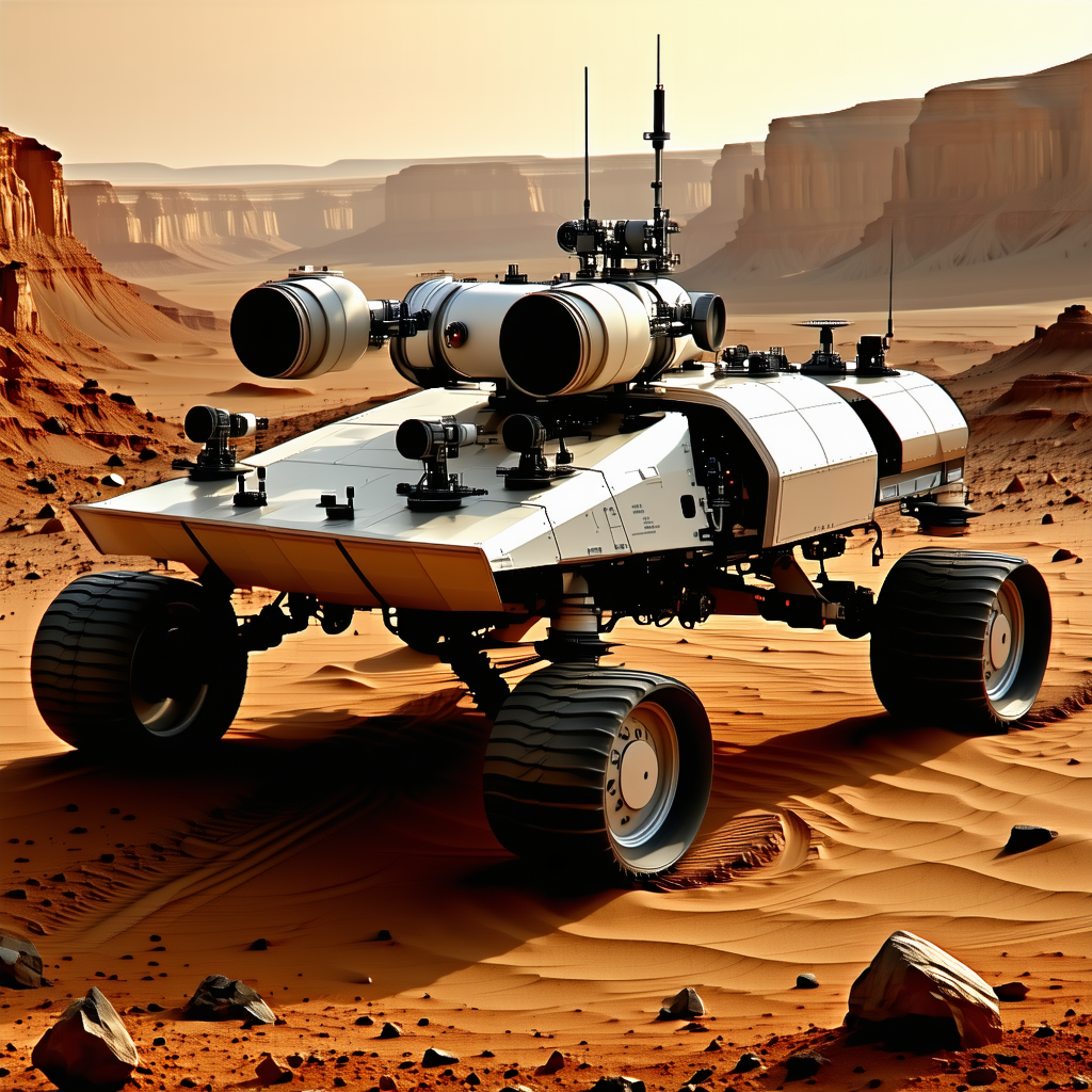 A White And Grey Robotic Vehicle Is Parked On A Dirt Road In A Desert-like Environment
