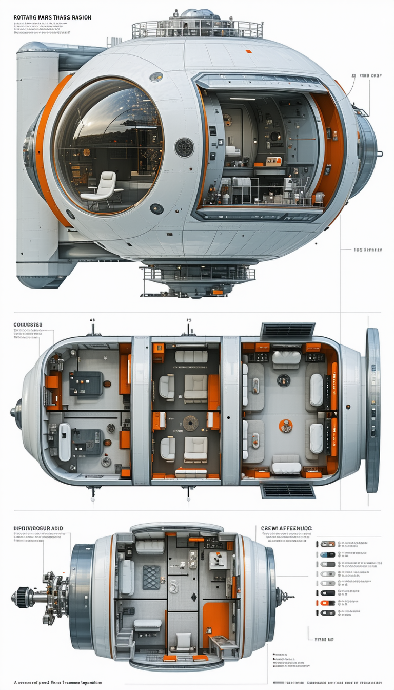The Image Is A Detailed Drawing Of A Space Station, Showing Various Rooms And Their Functions