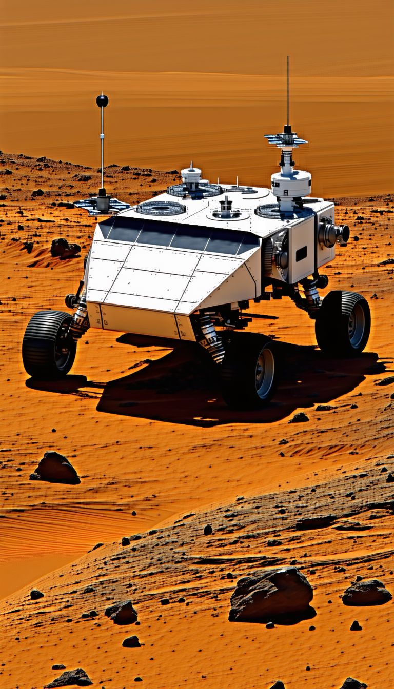 A Large White Vehicle, Possibly A Rover Or A Spacecraft, Driving Across A Red Dirt Surface