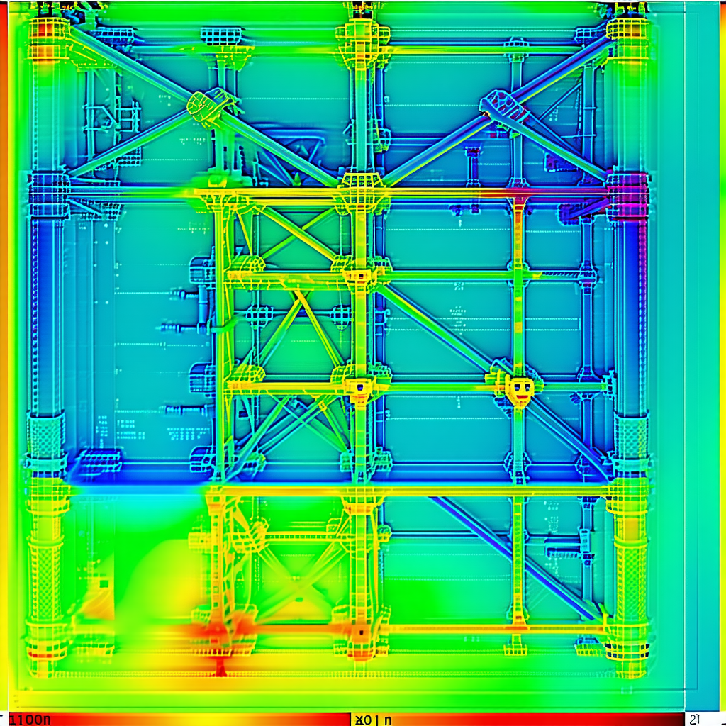 The Image Is A 3d Model Of A Building, Likely A Bridge, With A Blue And Yellow Color Scheme