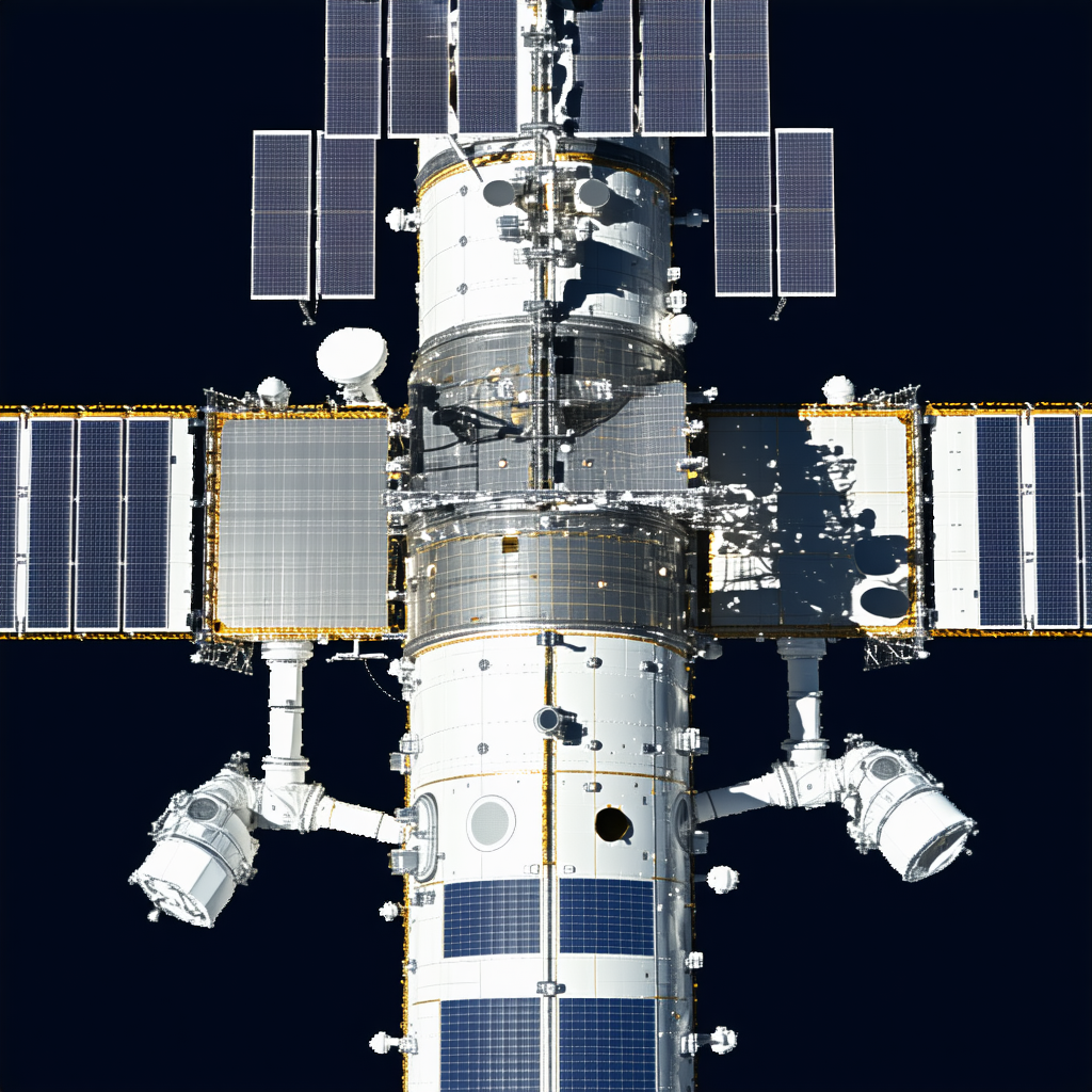 A Large Spacecraft Is Shown In A Blue Sky, With A Large Satellite Dish On The Side