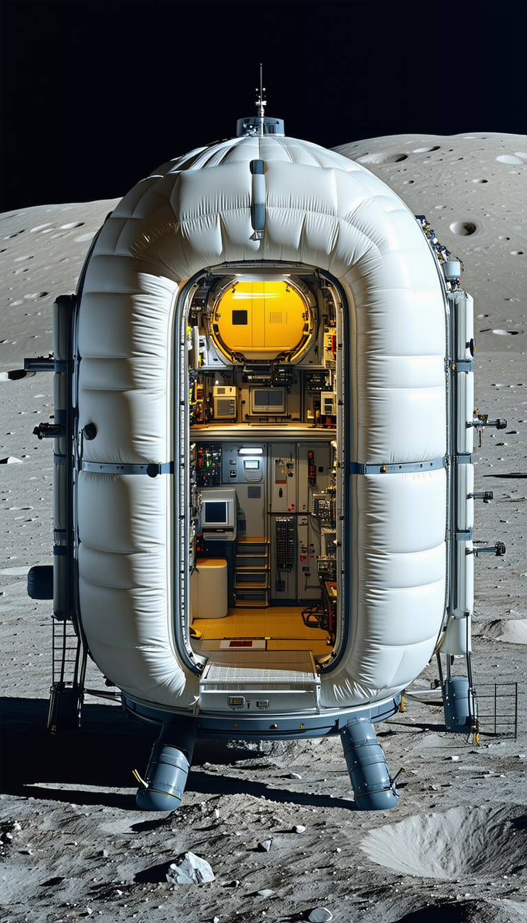 In The Image, There Is A Large White Spacecraft With A Hatch Open, Revealing The Interior