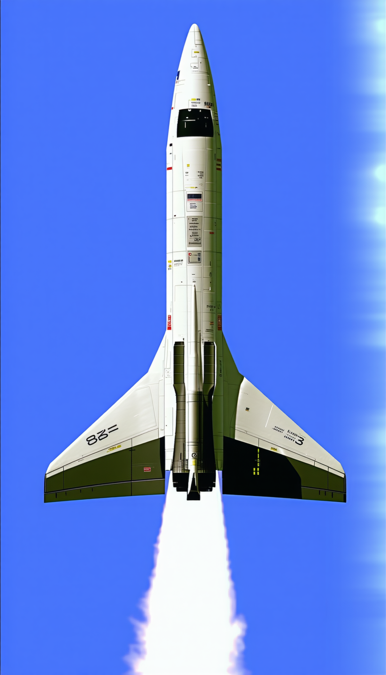 A White And Black Space Shuttle Is Shown In A Blue Sky
