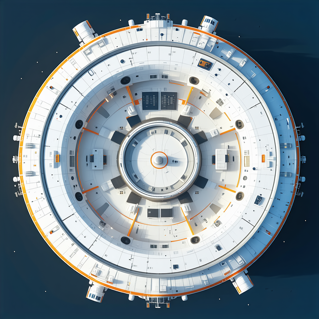The Image Is A 3d Rendering Of A Large White Spacecraft, Possibly A Space Station Or A Space Shuttle