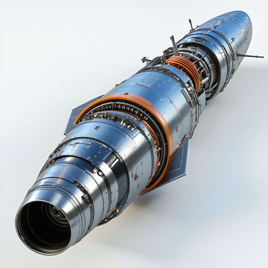 A Large, Silver, And Orange Engine Is Displayed On A White Background