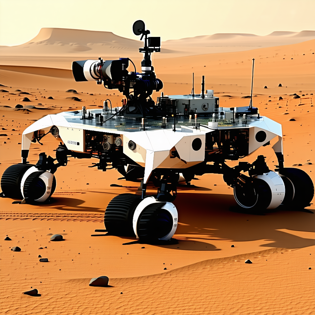A White Robotic Vehicle With Four Wheels, Sitting On A Sandy Surface