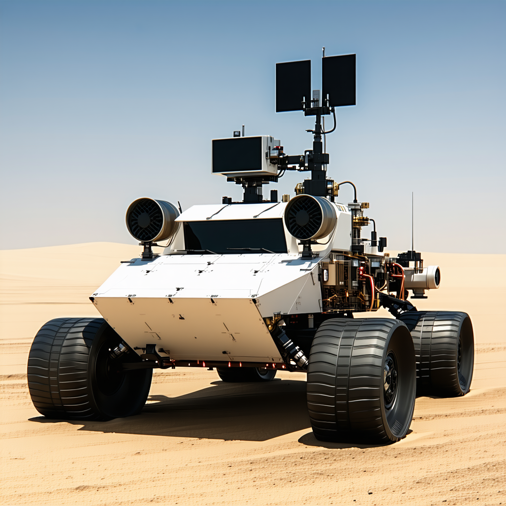 A White Robotic Vehicle With A Large Antenna On Top Of It