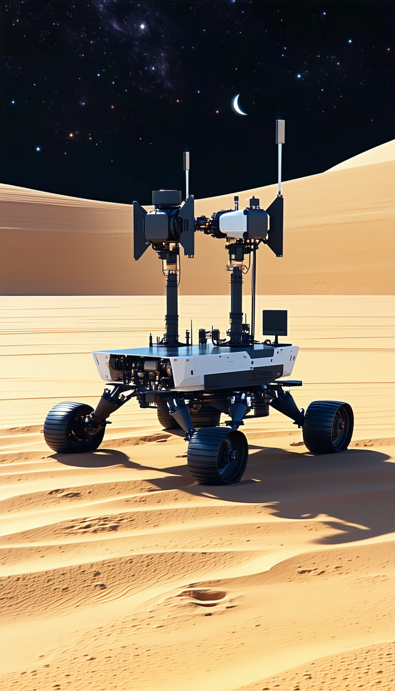 A Large Robotic Vehicle With Four Wheels, Standing On A Sandy Surface