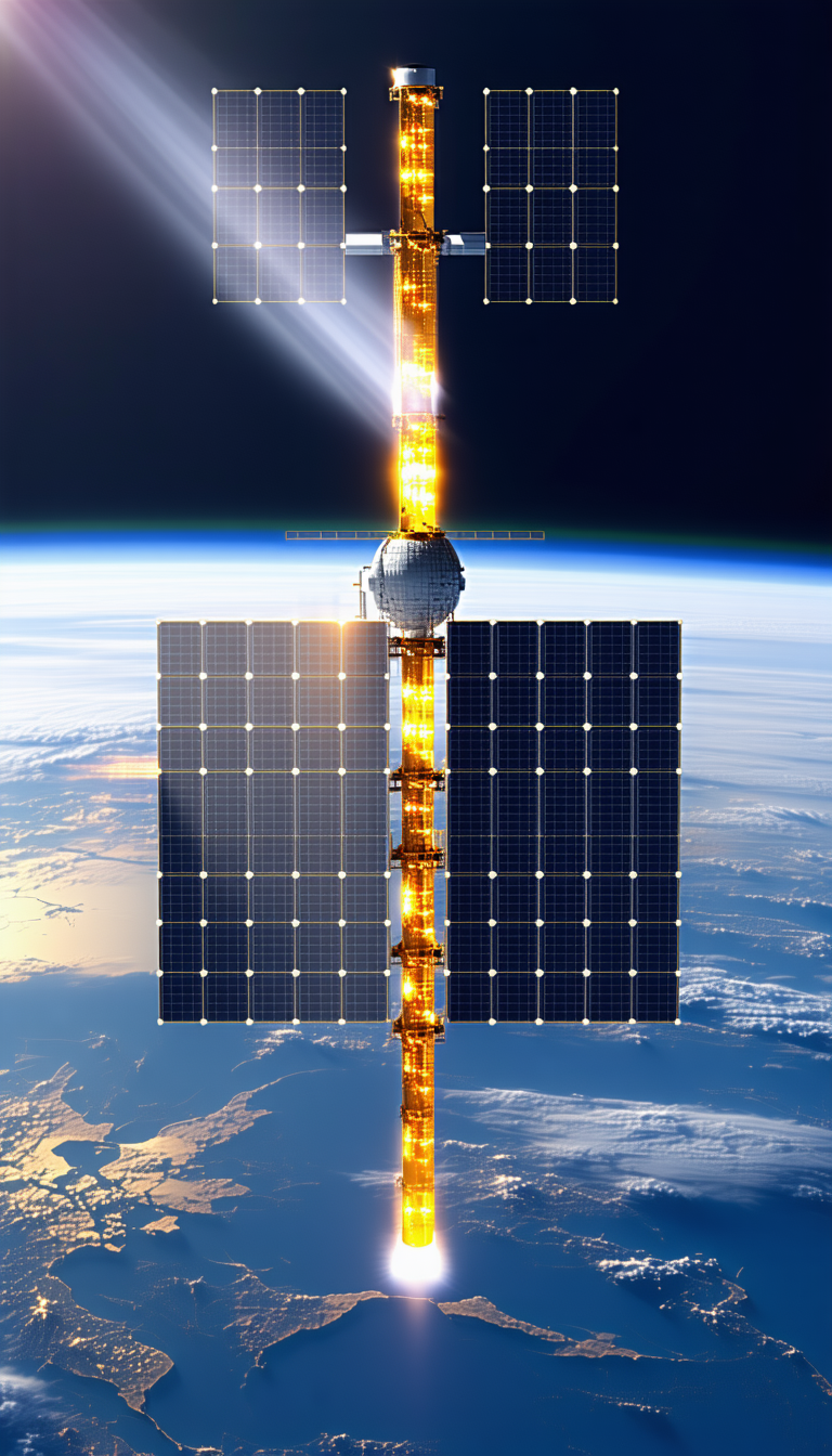 A Large Satellite With A Solar Panel On Its Side, Floating In The Sky