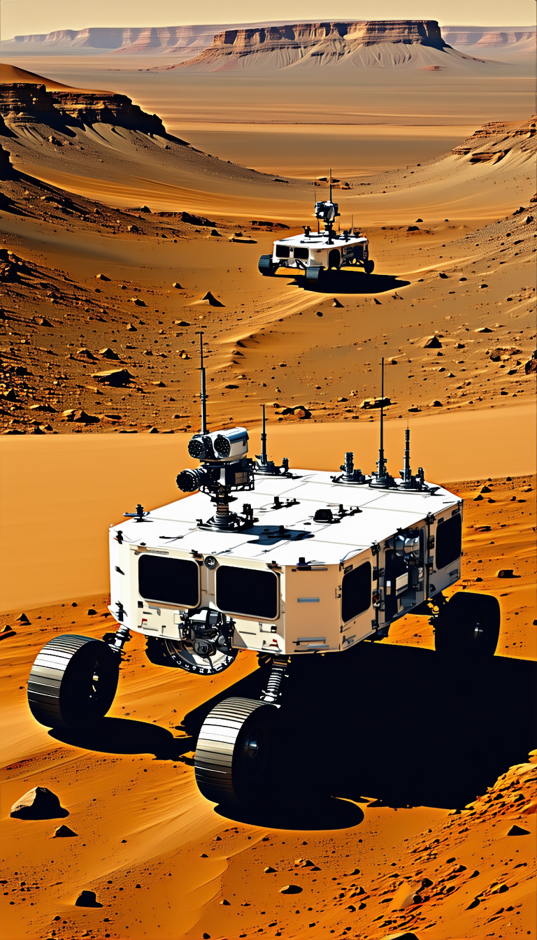 A White Robotic Vehicle With Four Wheels, Driving Across A Sandy Terrain