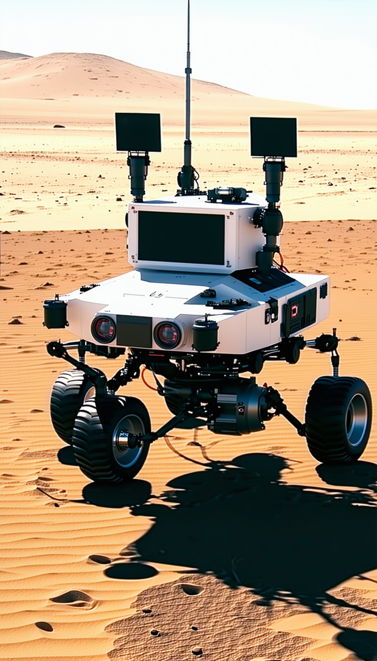 A White Robot Is Sitting On A Sandy Surface, Possibly A Desert