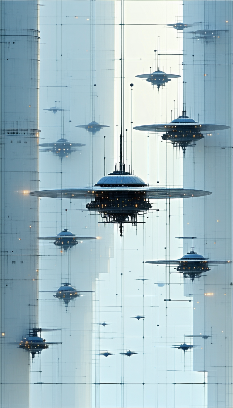 In The Image, There Are Several Large, Futuristic-looking Spaceships Floating In The Air