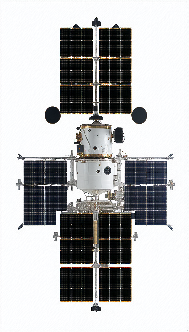 A Spacecraft Is Shown In A Close-up View, With Its Solar Panels And Other Components Clearly Visible