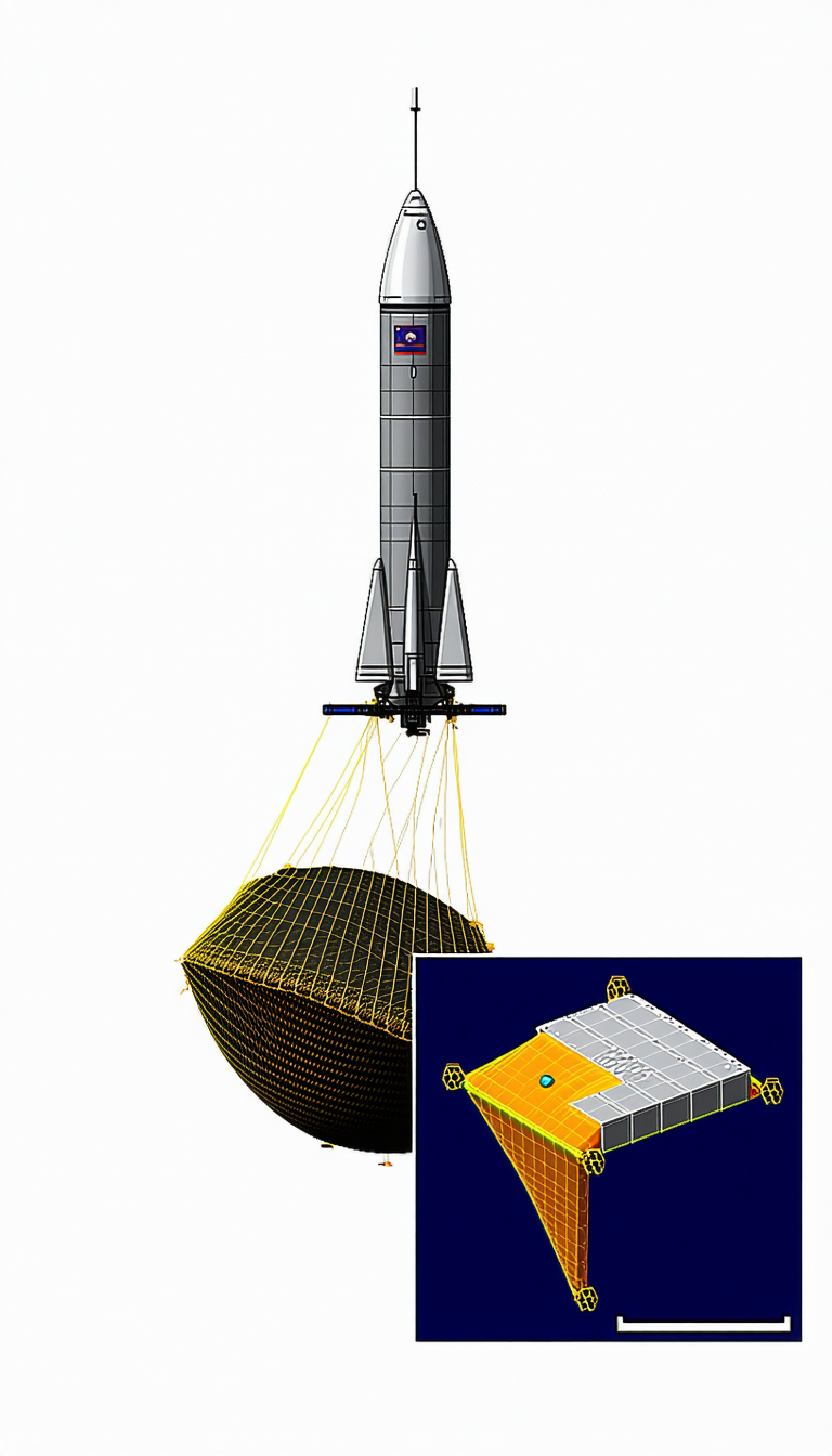 A Large Rocket Is Shown In A 3d Model, With A Smaller Rocket Attached To The Side Of It