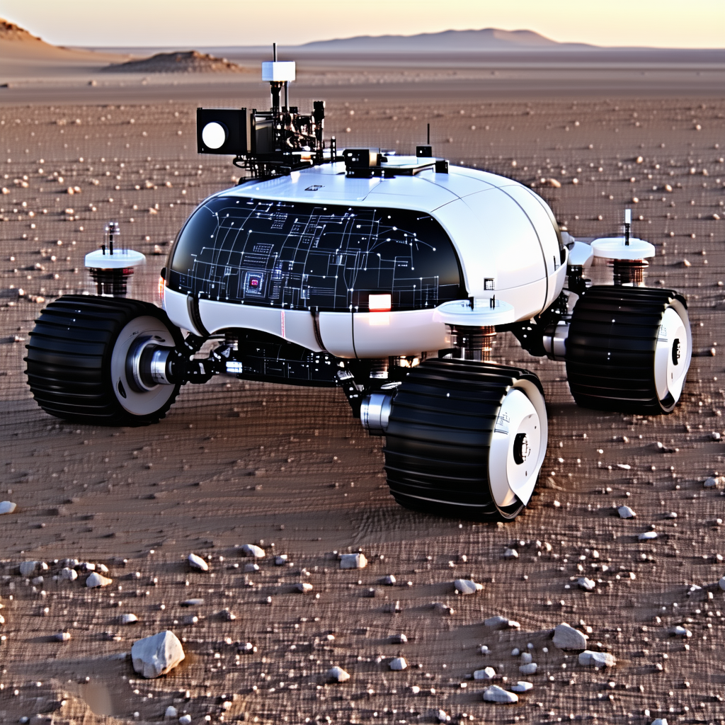 A White Robotic Vehicle Is Sitting On A Rocky Surface, Possibly A Desert