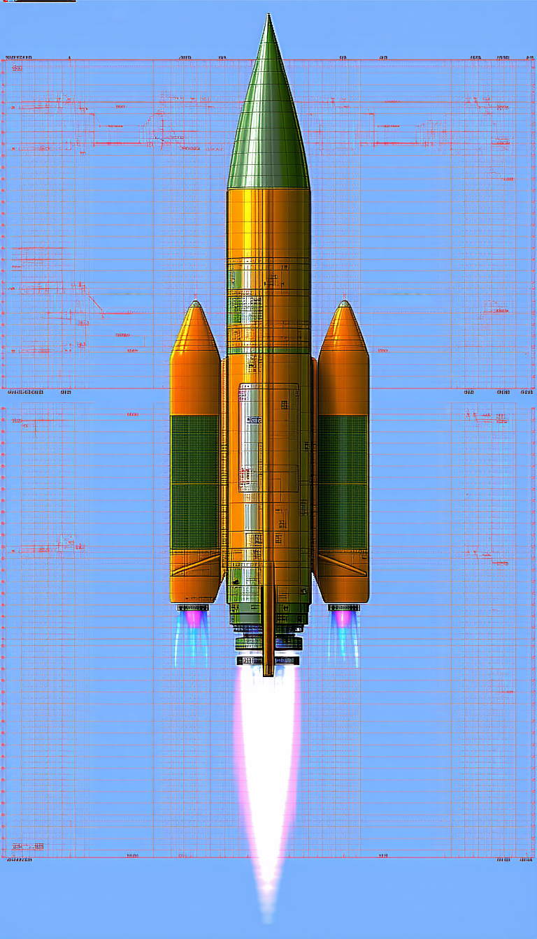 A Rocket Ship Is Shown In A Blue And Orange Color Scheme