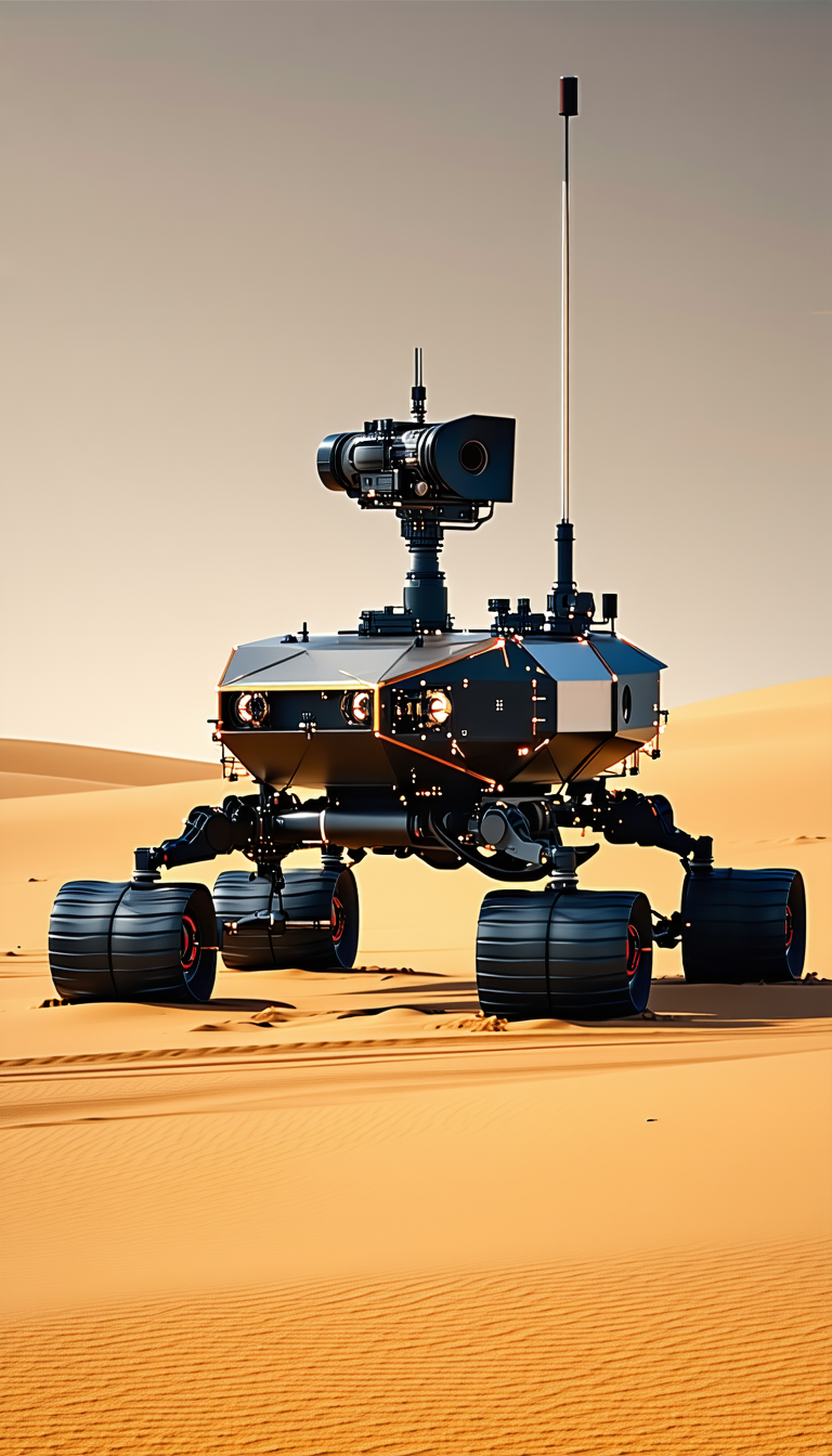 A Robotic Vehicle Is Sitting In The Sand, With Its Wheels And Legs Visible