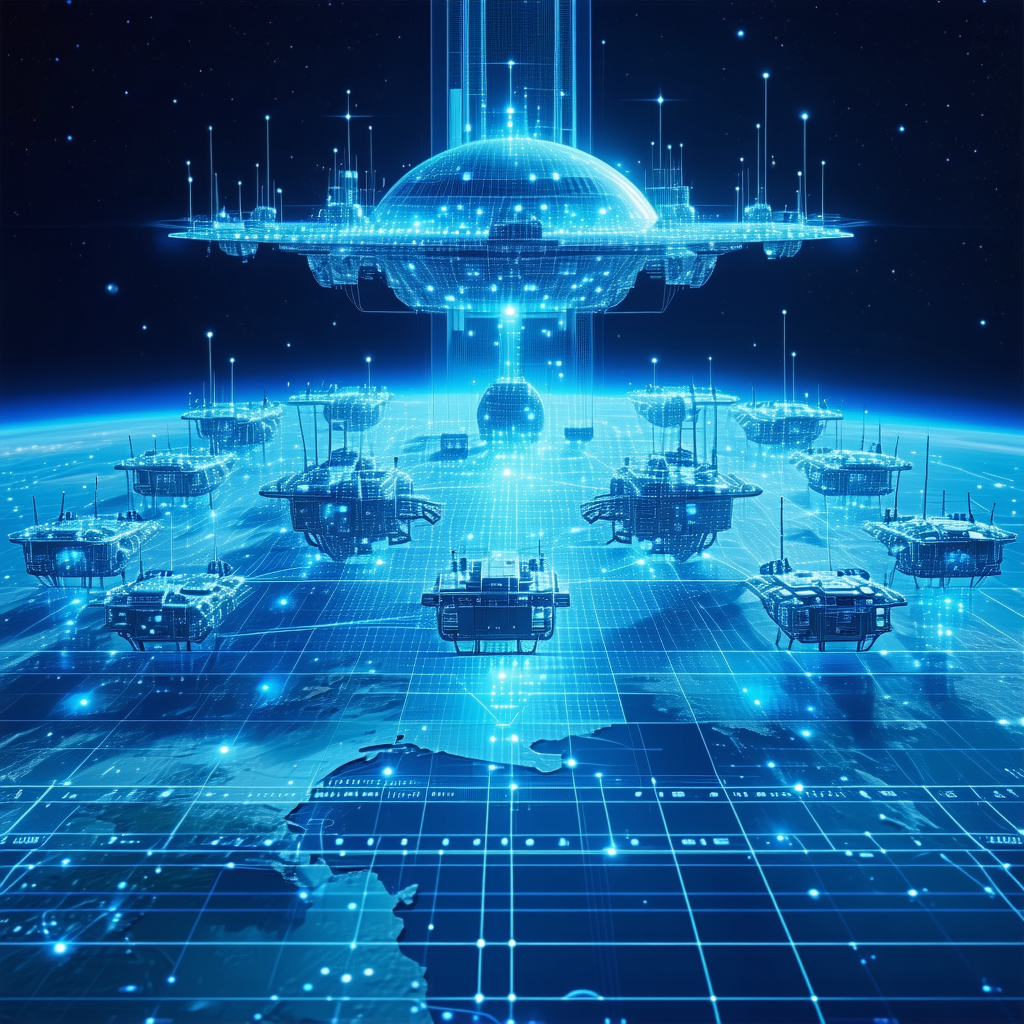 futuristic, computer-generated scene featuring large
