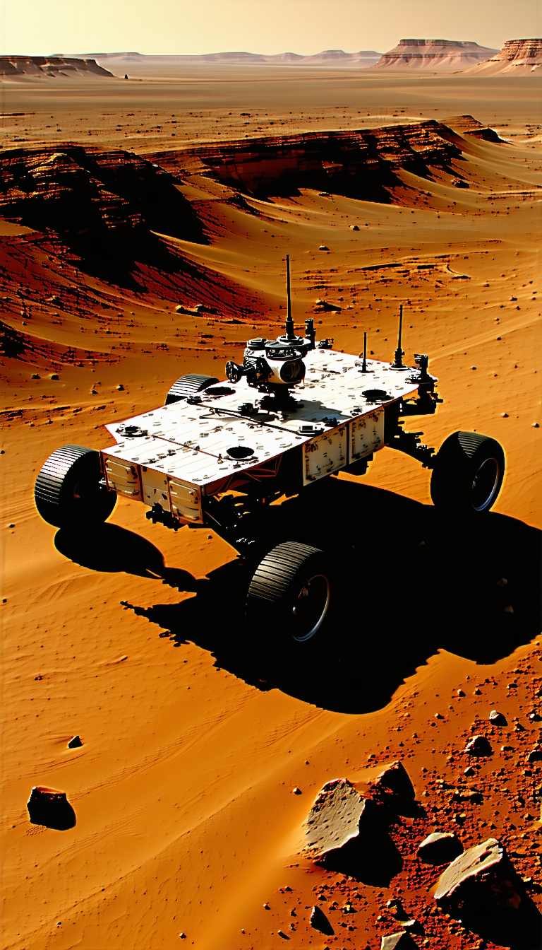 A White And Black Robotic Vehicle, Possibly A Rover, Driving Across A Sandy Terrain
