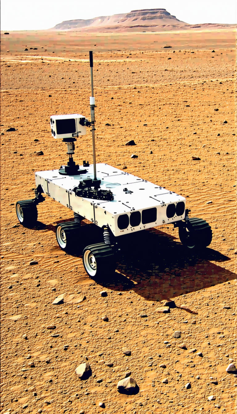 A White Robotic Vehicle With A Camera On Top, Driving Across A Dirt Field