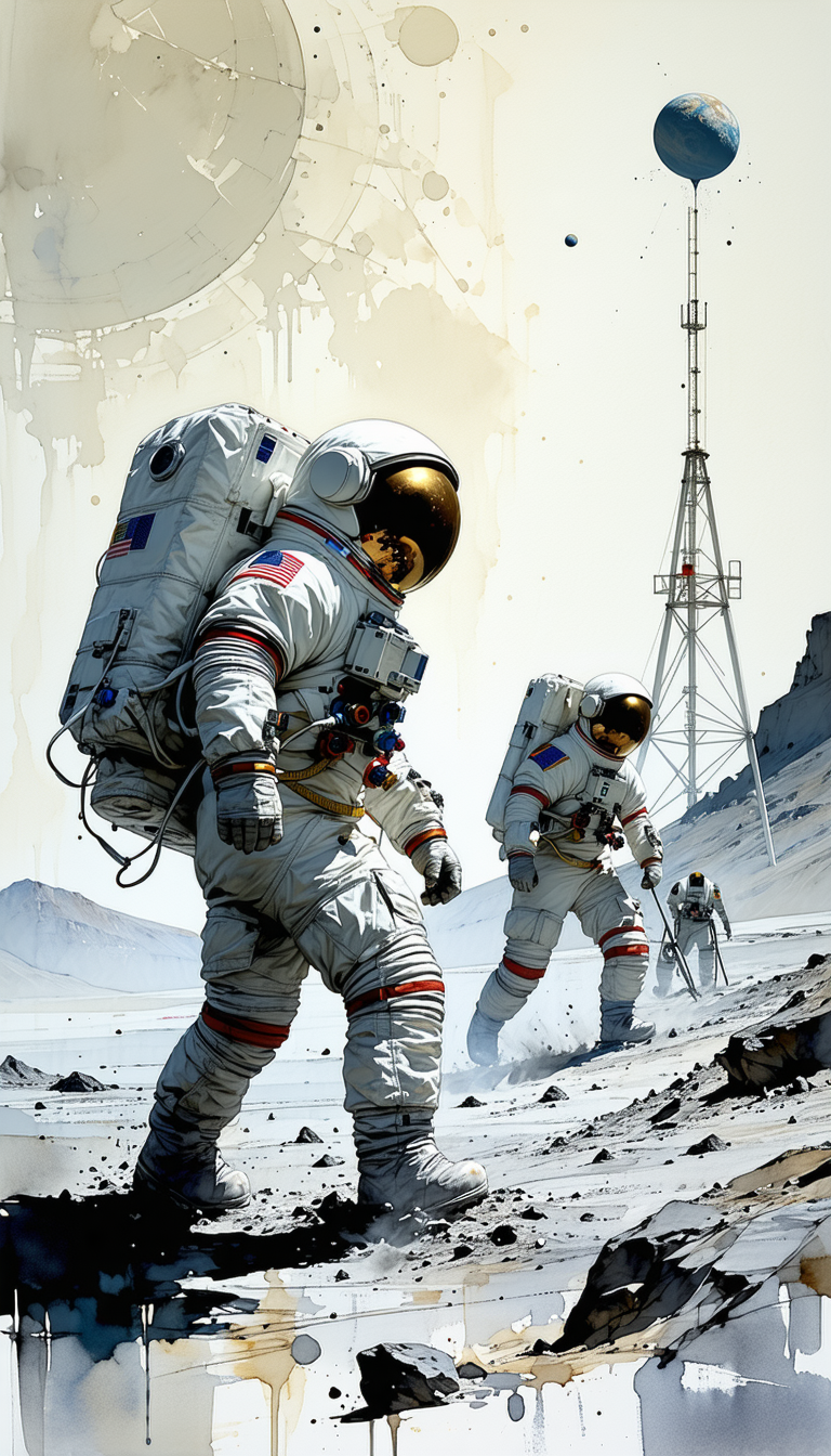 In The Image, There Are Three Astronauts Walking On A Rocky Surface