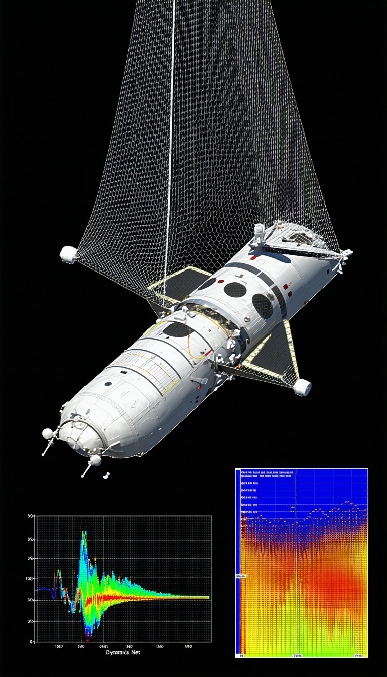 A Large Spacecraft Is Shown In A Blue Background, With A Large Cage-like Structure Surrounding It