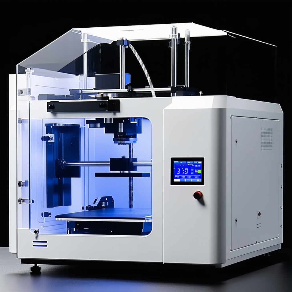 A White 3d Printer Is Sitting On A Table, With A Blue Light Illuminating The Machine