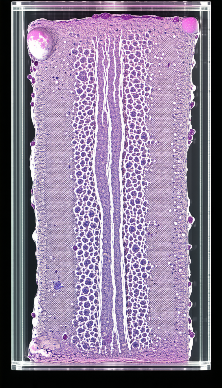 A Purple And White Striped Object Is Displayed In A Glass Case