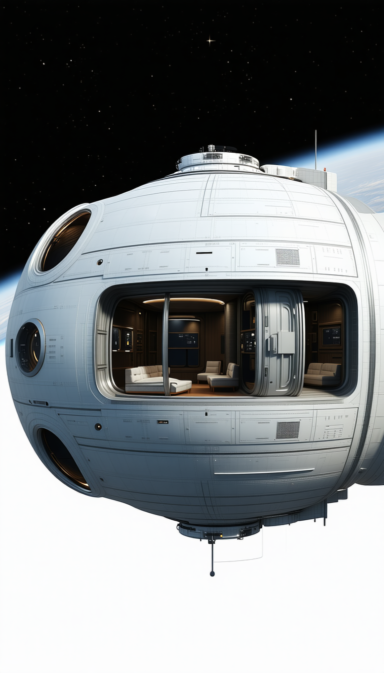 A Large White Spacecraft Is Shown With Its Interior Open, Revealing A Comfortable Living Space