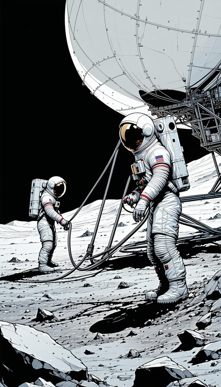In The Image, There Are Two Astronauts Standing On The Moon, Wearing White Suits