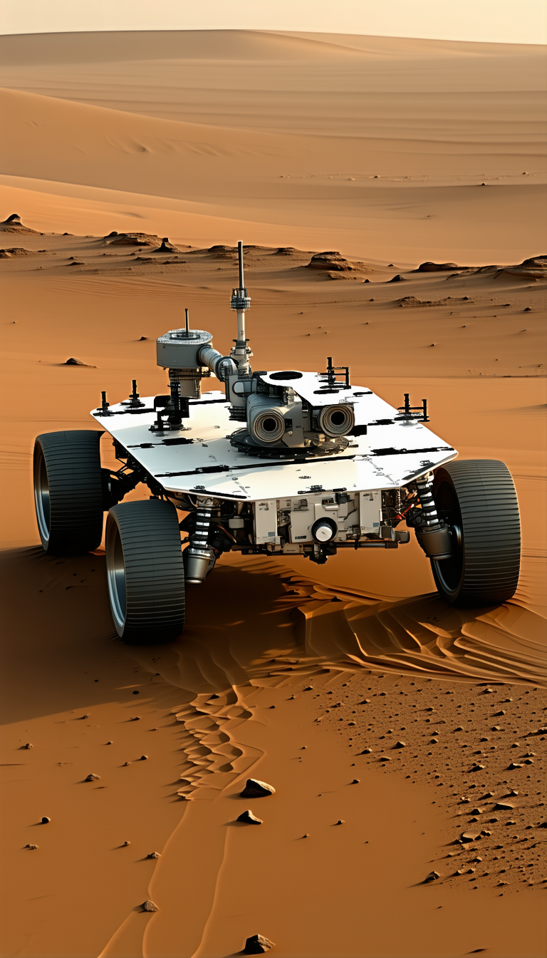 A Large, White, And Black Robotic Vehicle On A Dirt Surface