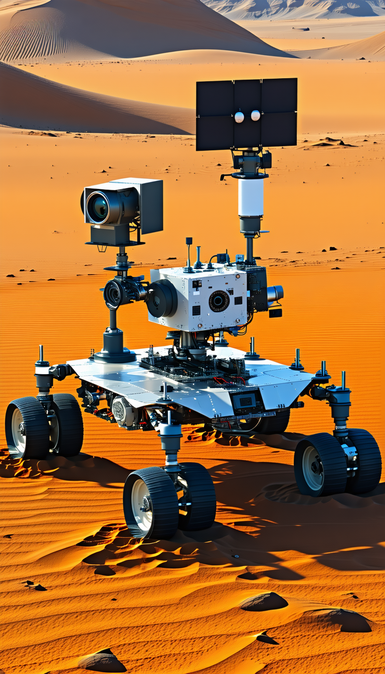 A White Robotic Vehicle With A Camera Mounted On Top Of It